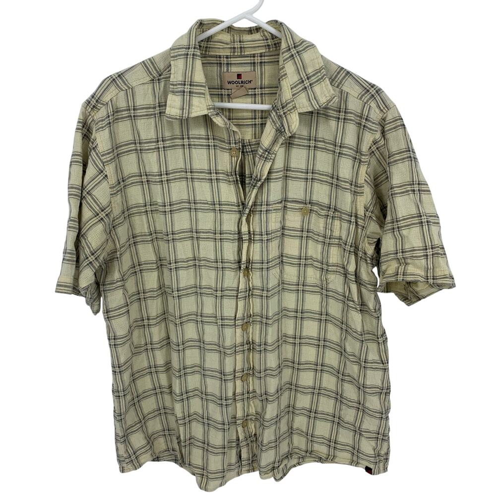 Woolrich Men's Pale Yellow and Gray Plaid Short Sleeve Button Up Size Large